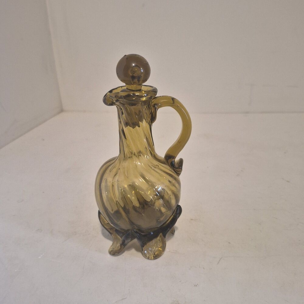 Vintage Amber Hand Blown Twisted Glass Cruet Decanter with Feet 6.5 Inch